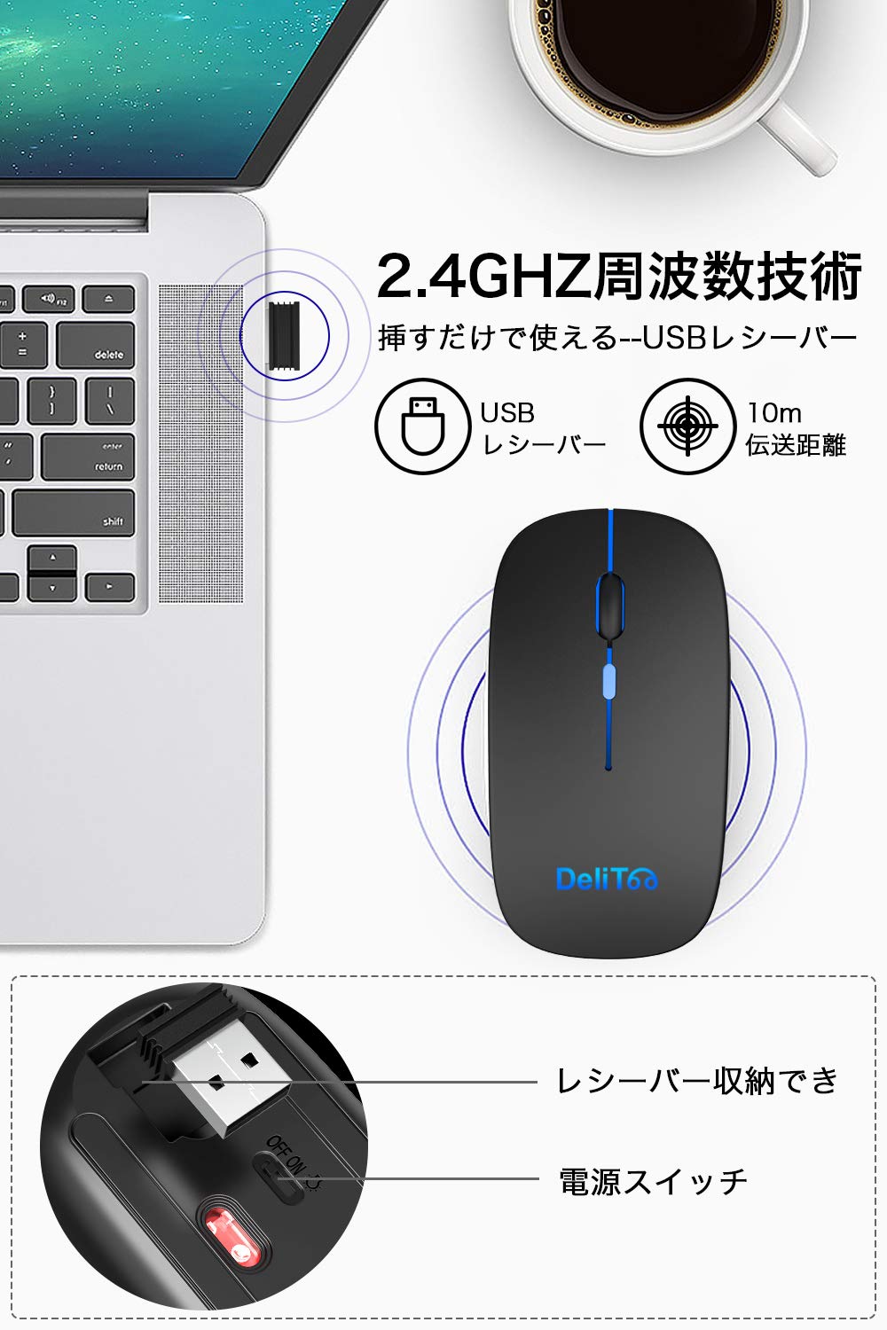 【令和改良版 7色ライト付き】 ワイヤレスマウス 無線マウス コンパクト 超薄型 静音 2.4GHz 80012001600DPI 高精度 省エネモード 持ち運び便利 MacWindowsSurfaceMicrosoft Proに対応 (ブラック)