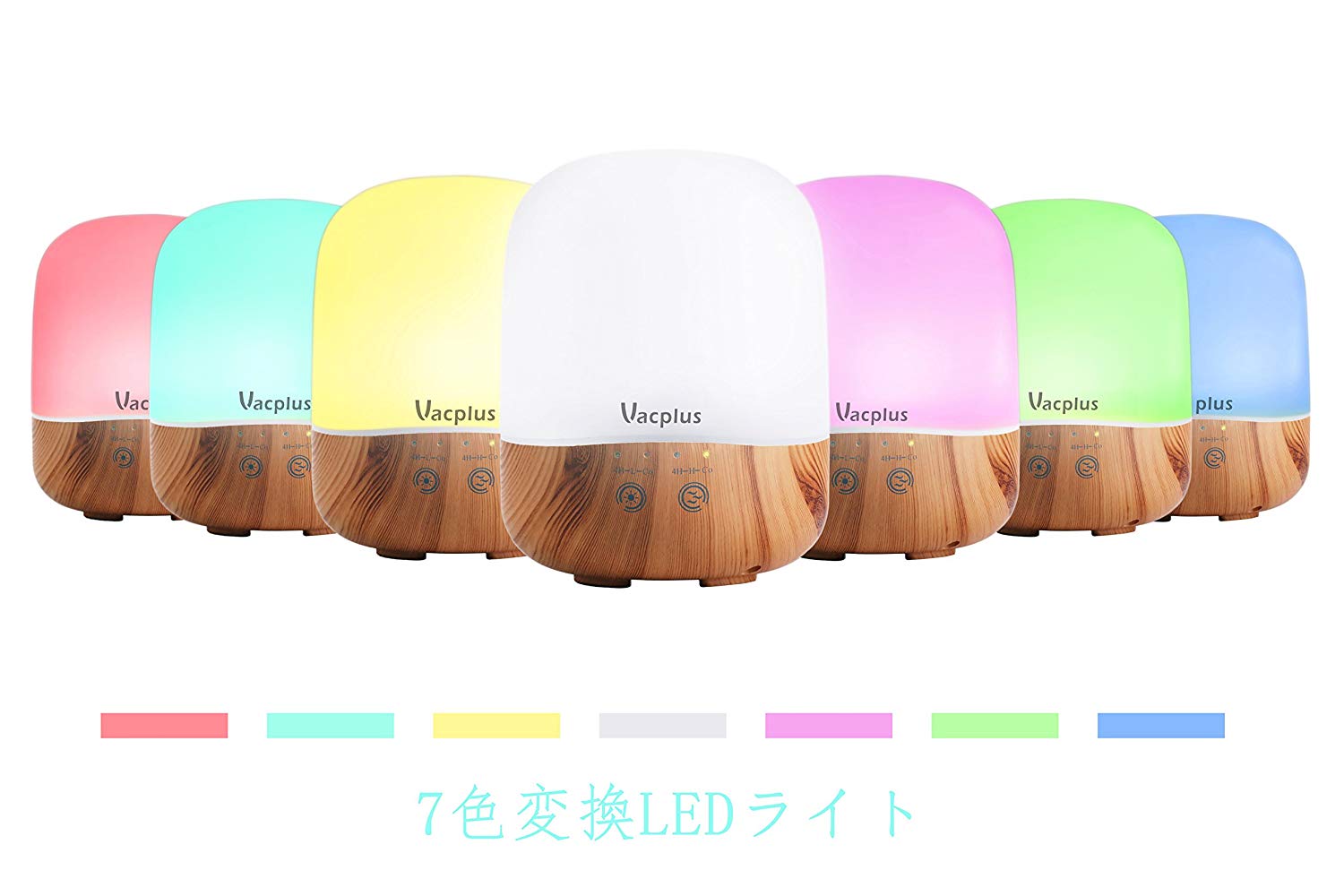 アロマディフューザー 加湿器 令和革新版 300ml大容量 Vacplus 超音波式 卓上加湿器 七色変換LEDライト 空焚き防止機能(木目調) 乾燥対策 LEDライト付き 七色変換