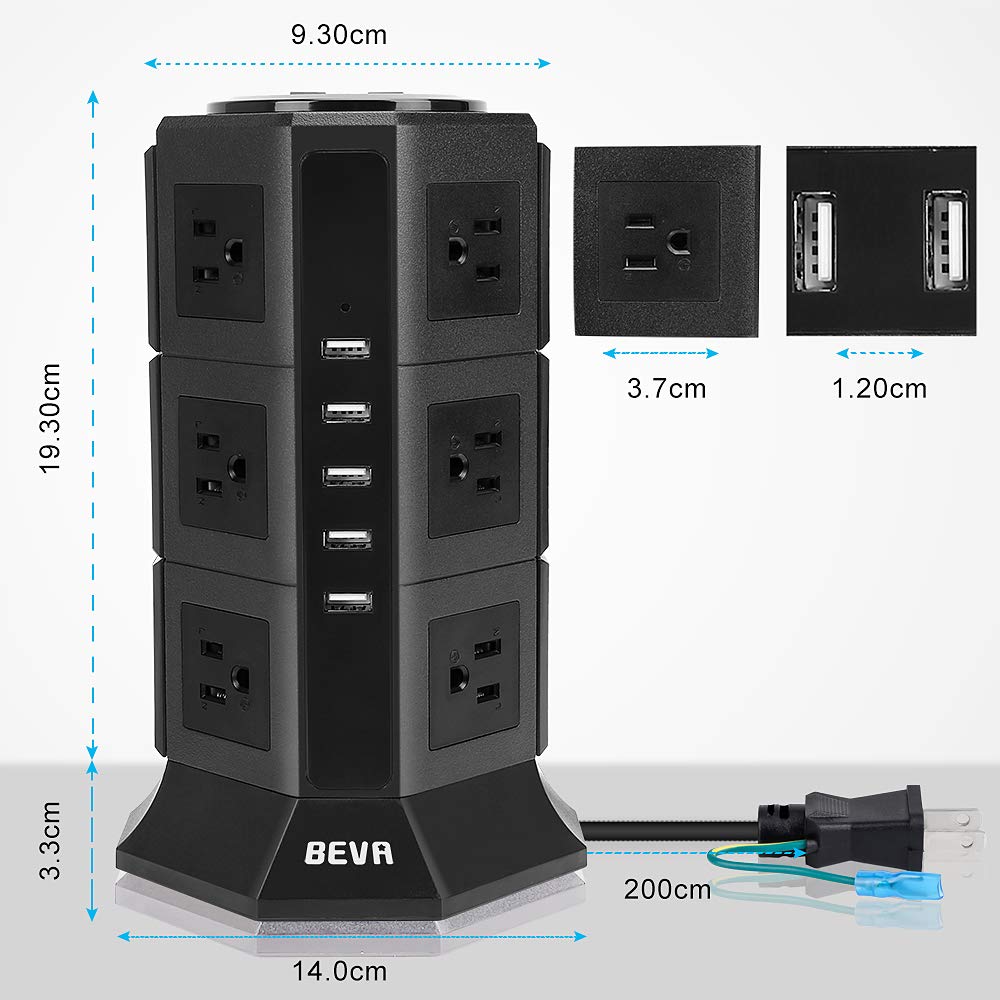 タワー式電源タップBEVA 3層縦コンセント 12AC充電口（110-125V）＋5USBポート（最大4.5A/5V）雷ガード 過負荷保護 省エネ 延長コード2m オフィス/家庭給電用