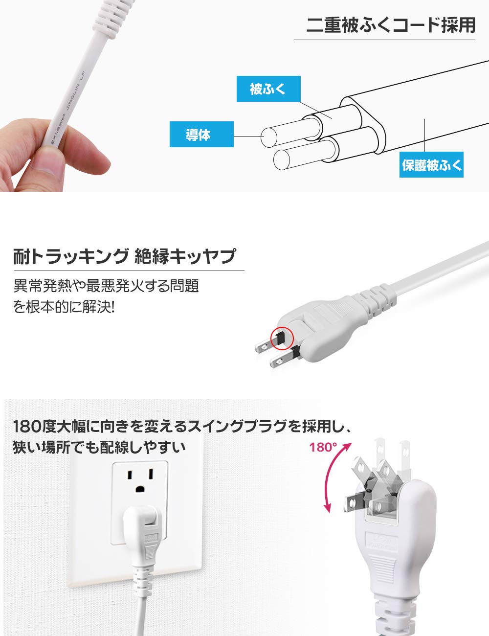 【4ACコンセン口＋3個USB】 Ewin 電源タップ USBコンセント 1m延長コード 1400W ACコンセント4口&amp;3個USBポート付き 合計3.4A出力 usb充電 急速充電 雷ガード 180°スイングプラグ テーブルタップ ACアダプター 過負荷保護 省エネ PSE認証済 (ホワイト)