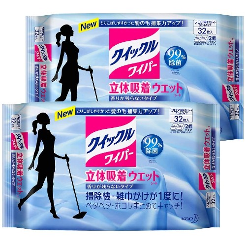 【まとめ買い】クイックルワイパー立体吸着ウェットシート 香り残らない32枚入×2個
