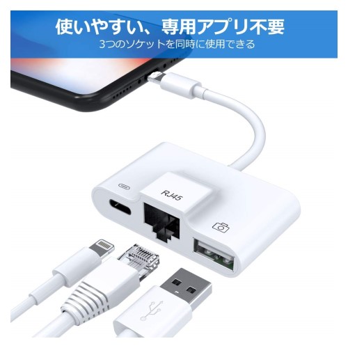 ライトニング USB カメラ アダプタ LAN 有線 ネットワーク 写真/ビデオ転送 ライトニング ライトニング to RJ45 イーサネット OTG機能 SDカードリーダー キーボード接続可能 電源不要 iPhone/iPad など対応