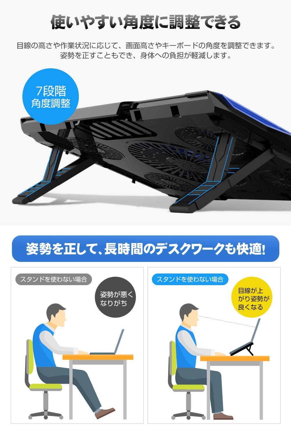 Nobelbird 冷却ファン ノートパソコン 冷却パッド 冷却台 ノートPCクーラー クール 超静音 7段階角度調整 スタンド 折りたたみ 五つ冷却ファン 2口USBポート 17インチ型まで対応 ps3 ps4 冷却 LED搭載 風量調節可
