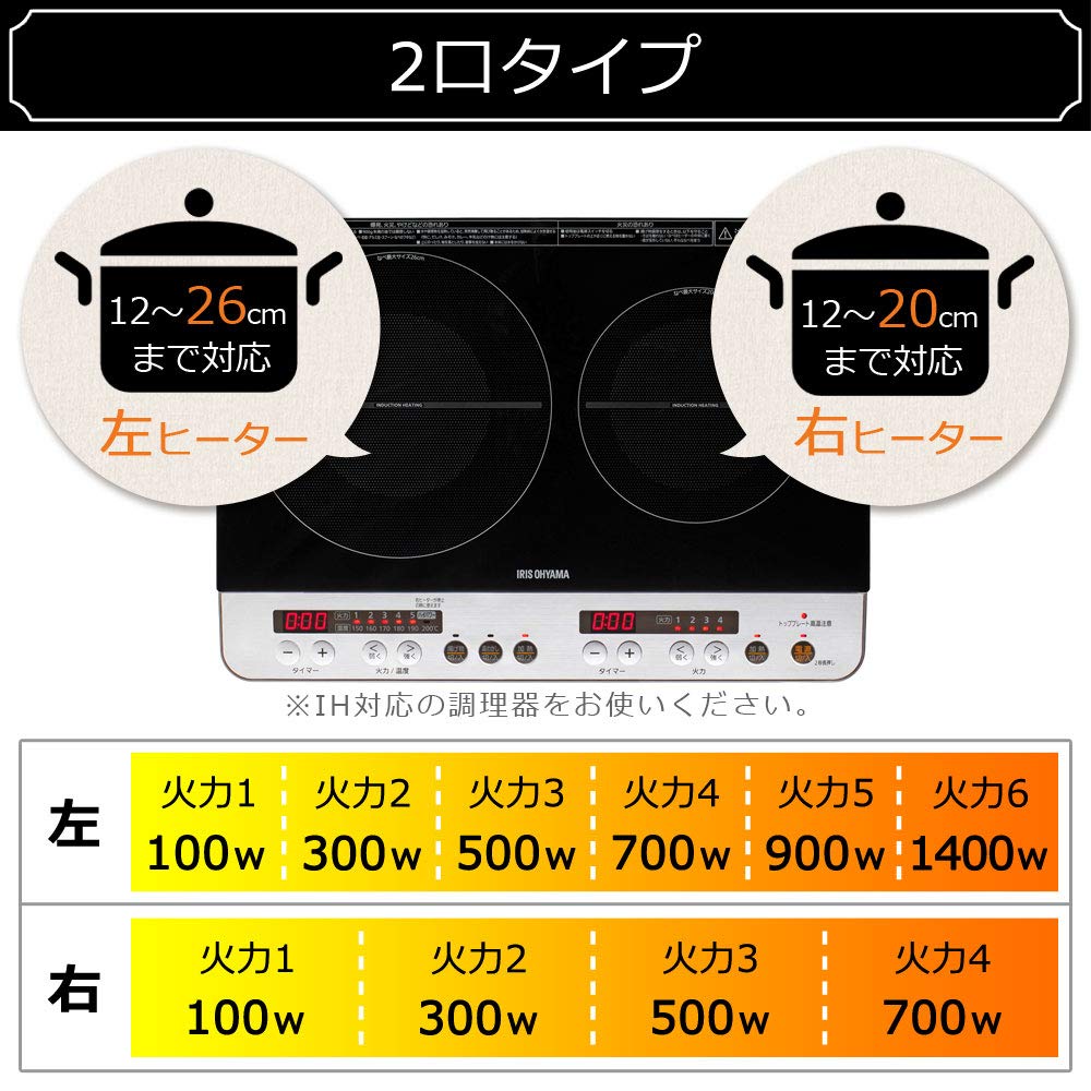アイリスオーヤマ 2口 IHクッキングヒーター 工事不要 1400W 100V ブラック IHK-W12P-B
